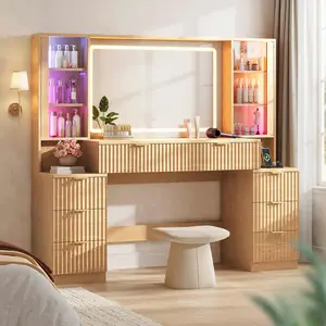 Sikaic 59.1" Fluted Wood Makeup Vanity Desk with Mirror & LED Lights (Sound Sync), Large Vanity Table with 8 Drawers, 2 Glass Cabinets & Charging Station