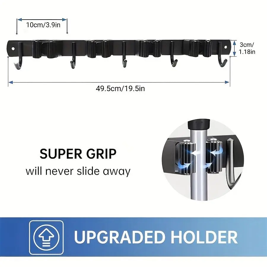 Wall Mounted Tool Rack, Stainless Steel Broom & Mop Holder, Mop And Broom Holder Wall Mount, Rustproof Hooks, Durable Organizer, Kitchen, Garage, Laundry Room Storage Rack, Wall Mounted Hanger