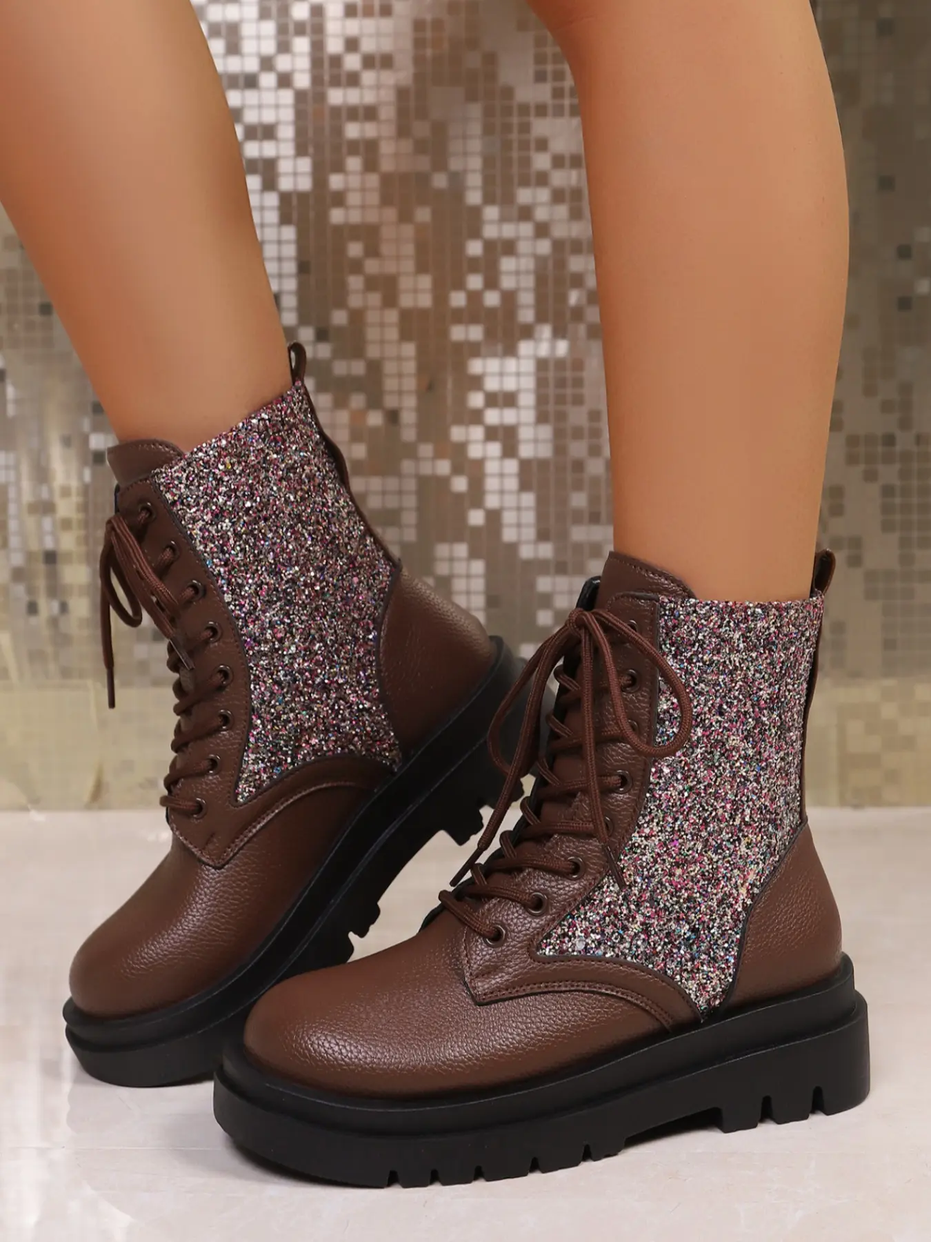 Women's Sparkly Glitter Lace - Up Red Ankle Boots, Stylish Fashionable Indoor & Outdoor Autumn & Winter Footwear, Female Eye - Catching Glamorous Party & Night - Out Shoes for Festive & Chic Occasions, Girl, Cool Easy - Wear Booties