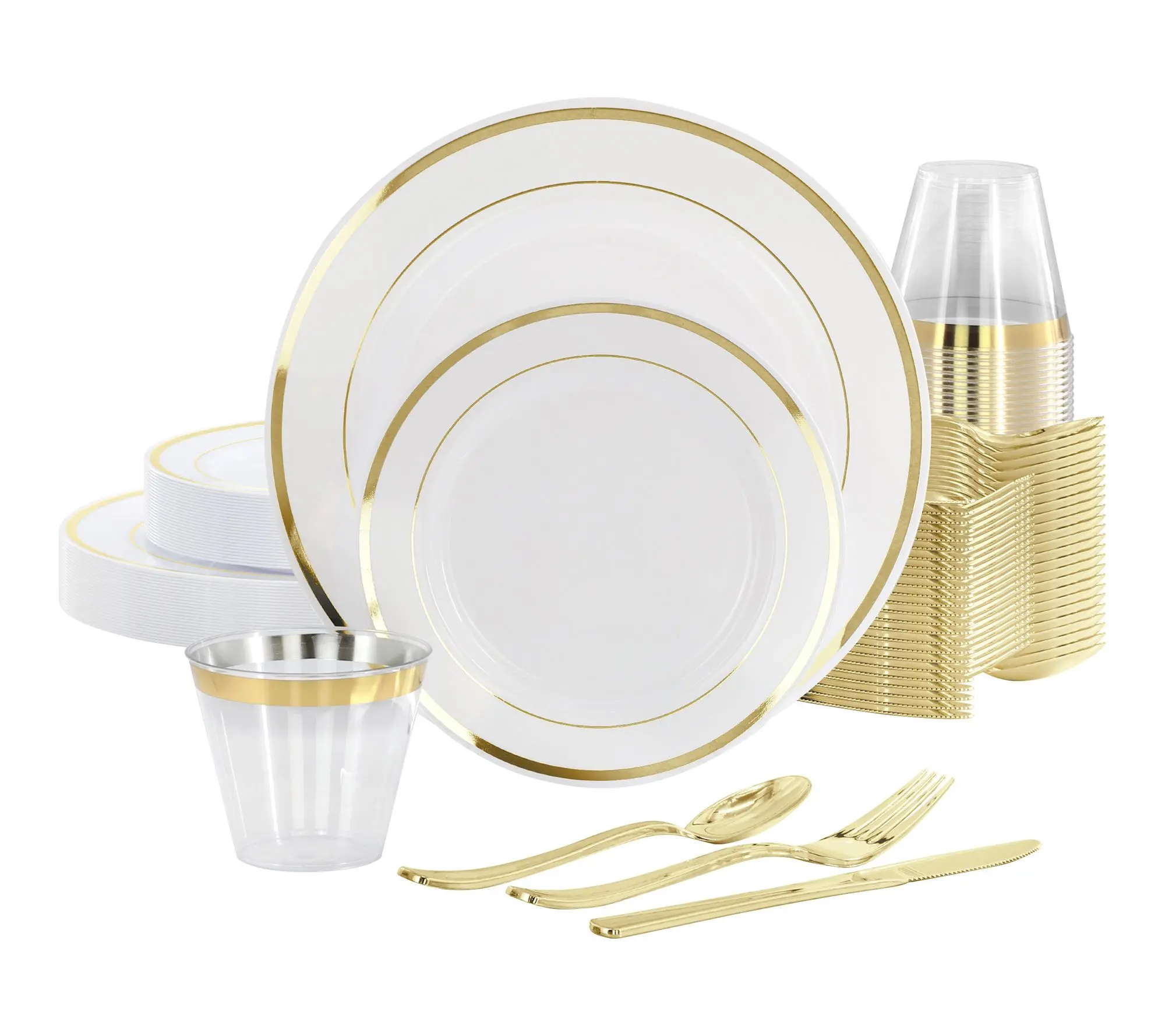 Elama 150 Piece Disposable Dinnerware Set for 25 in White Gold Elama 150 Piece Disposable Dinnerware Set for 25 in White Gold