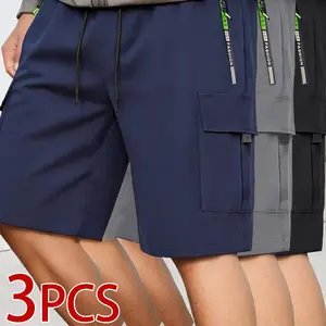 3PCS, Men’s casual cargo shorts, multi-pocket design, perfect for summer wear