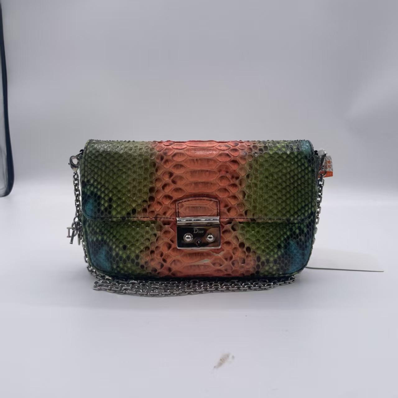 Pre-owned Dior Green, Pink, Blue Hand Painted Python Crossbody Bag|20171569
