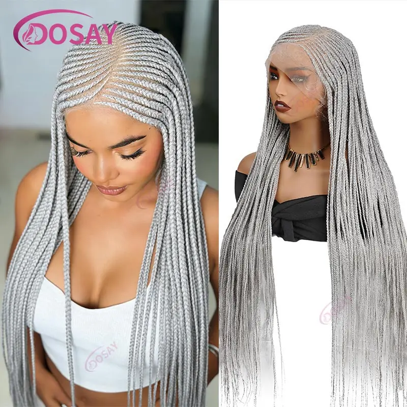 Side Part Full Lace Cornrow Knotless Box Braided Wigs Gray Colored Synthetic Crochet Braids Wig Cosplay for Black Women 36inches