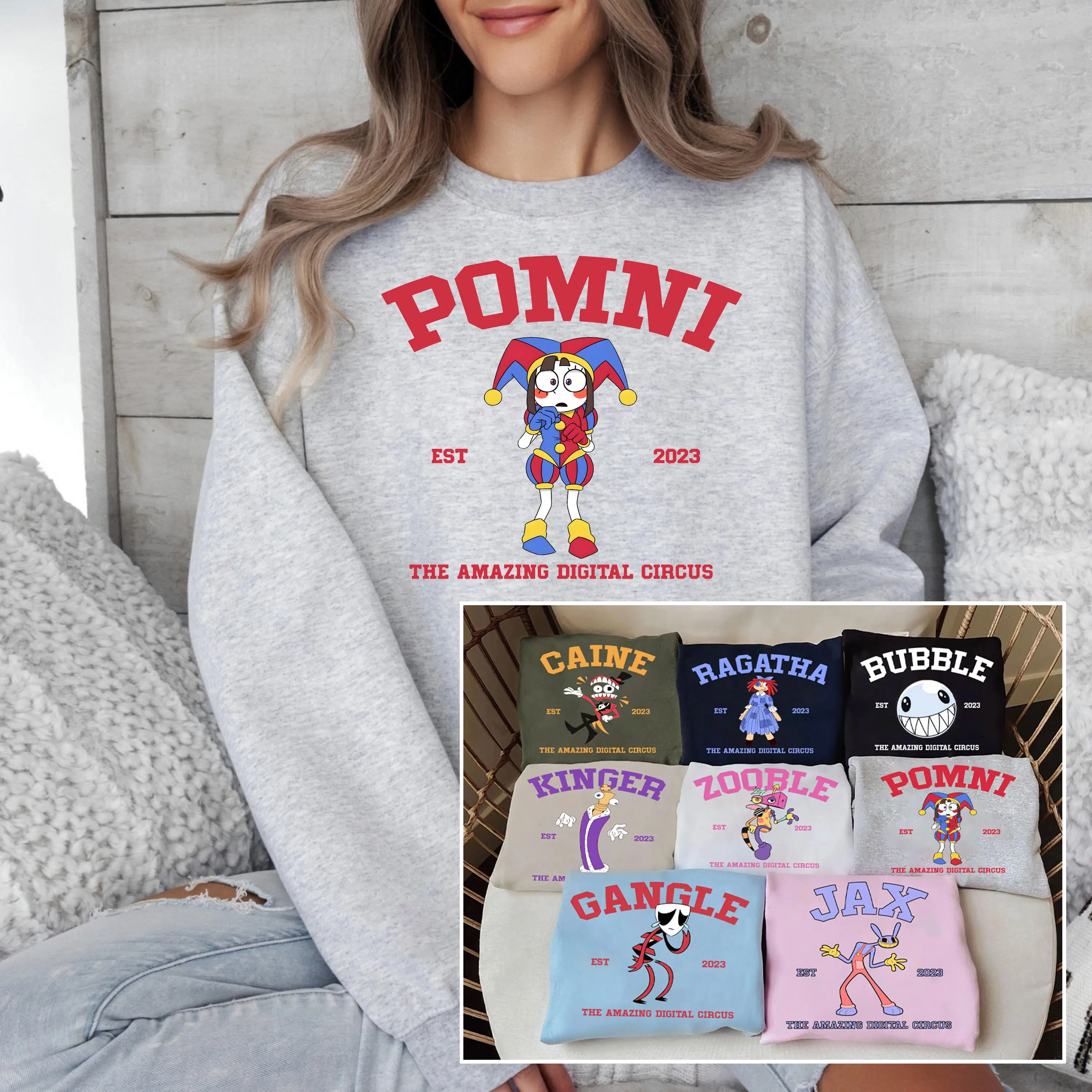 The Amazing Digital Circus Character Sweatshirt, Pomni and Jax Crewneck Sweatshirt, Caine Ragatha Gangle Indie Animation Custom Characters Sweater, Gift for Fan