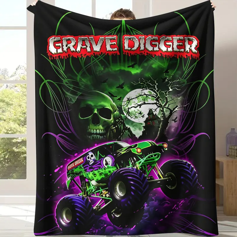 Lightweight Stain-Resistant Fleece Blanket - Grave Digger Monster Jam Off-Road Racing Themed, Iconic Green Skull Truck, Spooky Graveyard, Haunted Mansion, Bat Silhouette, Drip Blood Logo, Halloween Gift, Whimsical Room Decor