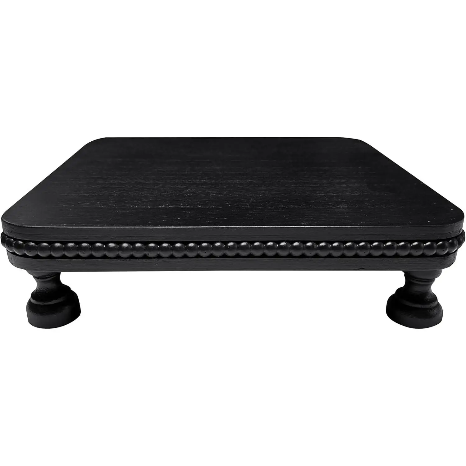 Farmhouse Display Wood Riser, 12" Decorative Black Beaded Pedestal Stand, Square Tiered Tray Decor for Kitcher Decor, Countertop