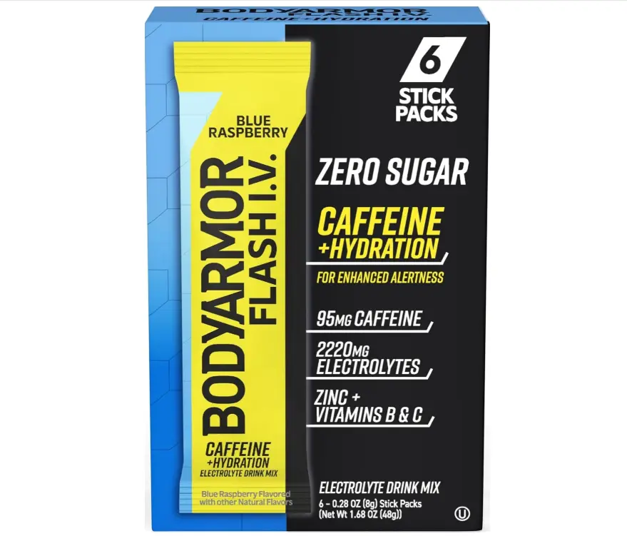 BODYARMOR Caffeinated Flash I.V. Electrolyte Packets Blue Raspberry - Zero Sugar Energy Drink Mix, Single Serve Packs, Hydration for Pre Workout, Travel Essentials, Active Lifestyle (6 Count)