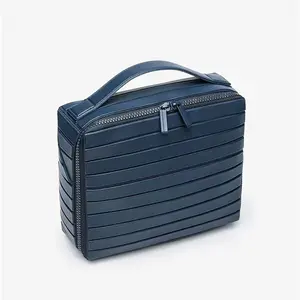 Striped Multi-Compartment Makeup Bag - Spacious Handheld Travel Cosmetic Organizer, Water-Resistant Toiletry Storage for Women, Perfect for Travel & Daily Use