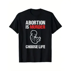 Pro-Life "Abortion is Murder Choose Life" Graphic T-Shirt - Black Retro Vintage Design with Bold White & Red Lettering & Illustration - Made in USA, Regular Fit Short Sleeve Casual Tee for Adults
