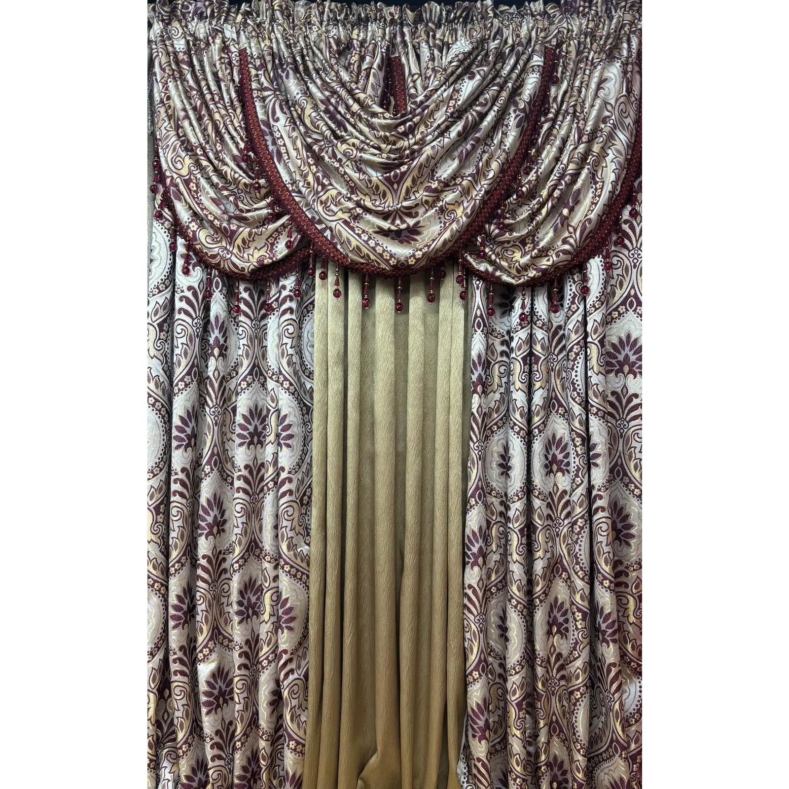 LIZET Burgundy 6PC Curtain Set with Regency Gold Center Panel