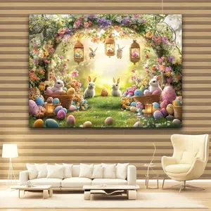 [Easter Spring Parties] 2D Flat - A 2D Flat Banner, One Piece of a Rustic Easter Arch Photo Backdrop Featuring Rabbits And Colorful Egg Baskets - a Vibrant Polyester Banner Suitable for Spring
