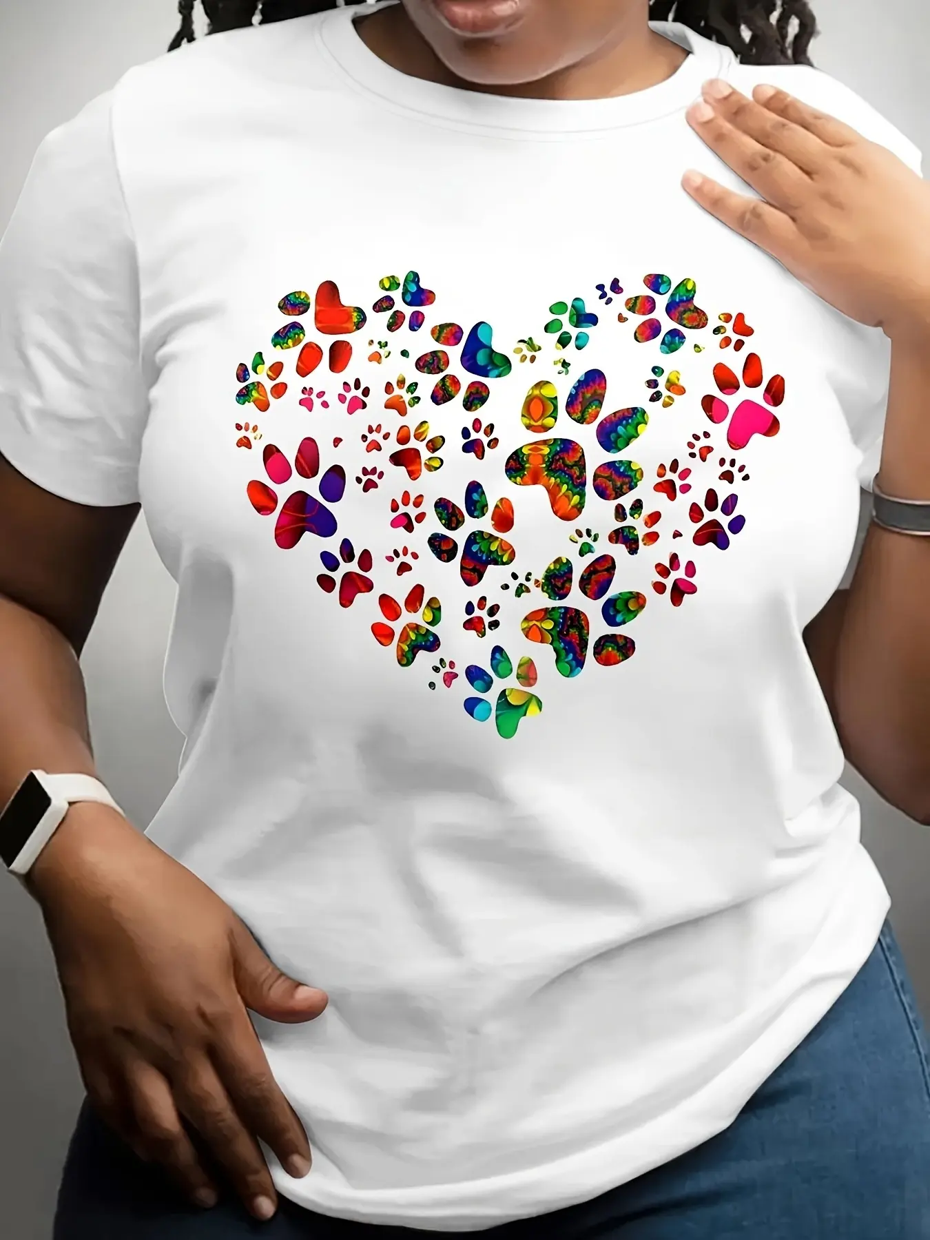Plus Size Women's Heart Paw Print Geometric Tee with Soft Breathable Cotton Crew Neck Short Sleeve Casual Top for Mother's Day Gift Daily Wear and Weekend Outfit,Striped,Cap,Custom,Enchanted,Clothing,purple,rain,shirt,Athletic,Com,Distressed,,dtf,t,tiedye