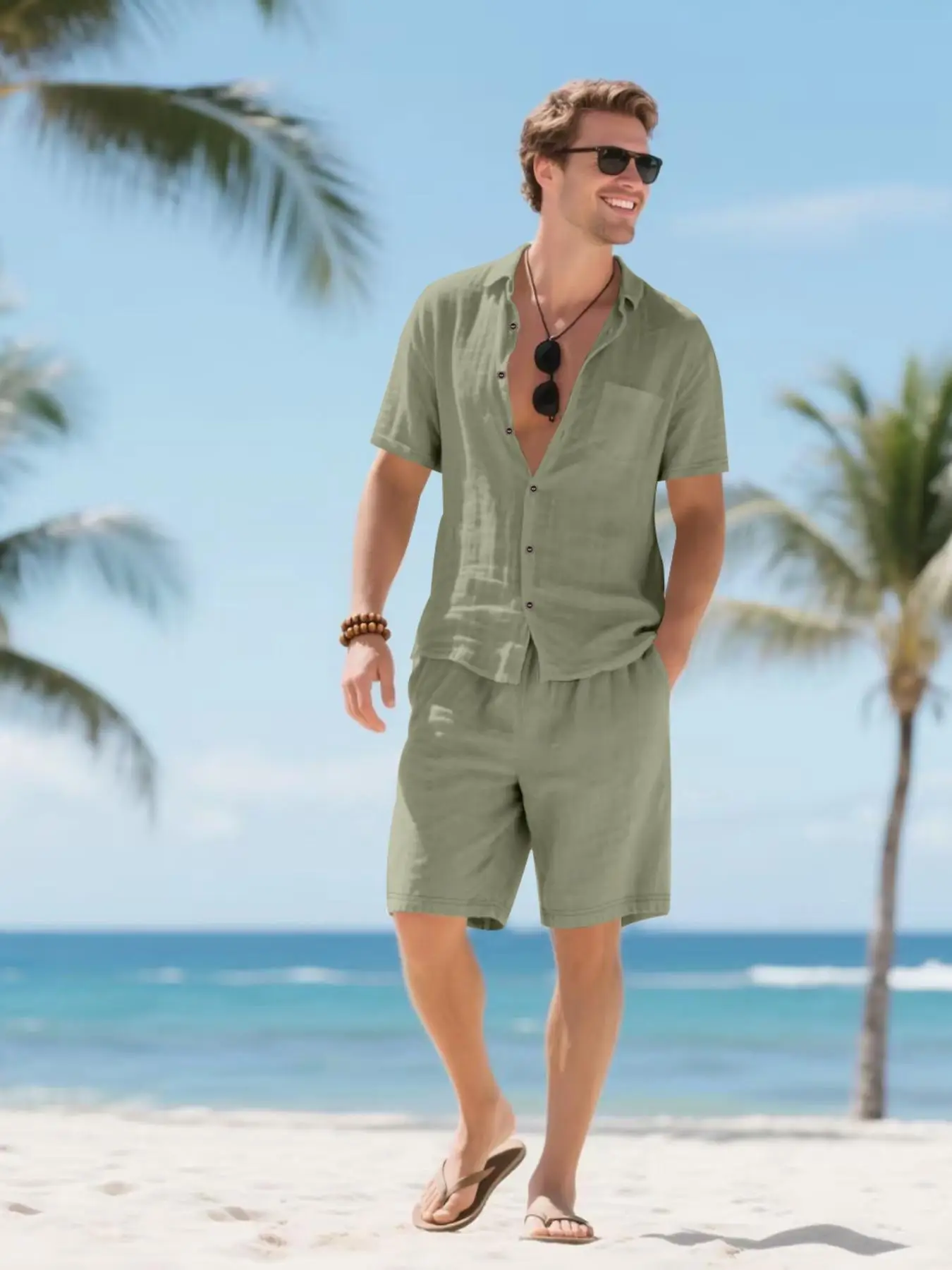 Men's Solid Color Linen Shirt & Shorts Set, Regular Fit Casual Short Sleeve Button Down Top & Shorts, Men's Summer Set for Vacation Holiday Beach