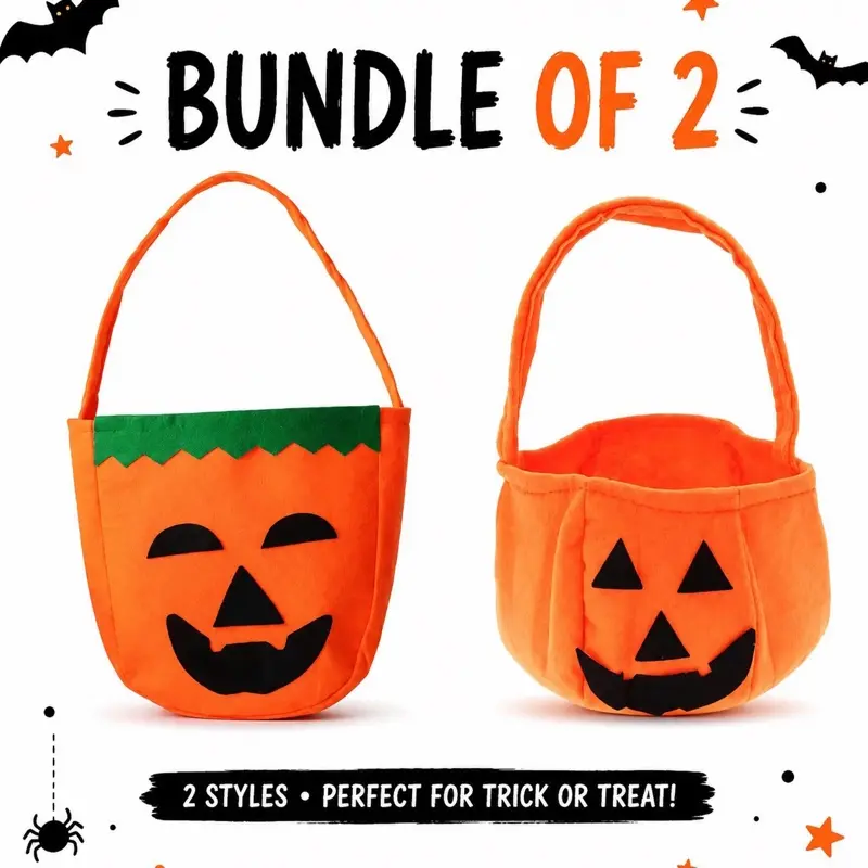 Halloween Reusable Jack O' Lantern Treat Bag Bundle (2-Pack) - Kids Trick-or-Treat Candy Totes