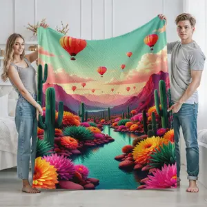 Desert Landscape Blanket with Colorful Cactus Flowers and Hot Air Balloons Print Cozy Home Decor for Living Room Bedroom Use Perfect Gift for Housewarming Christmas Thanksgiving New Year and Special Occasions for Nature Lovers and Outdoor Enthusiasts