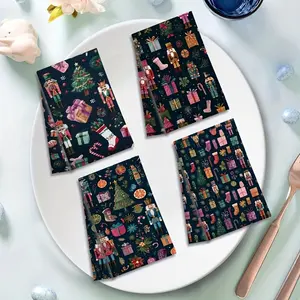 Set of 4 Absorbent Kitchen Towels, Christmas Tree & Nutcracker Design, Polyester Fiber Hand Towels for Cooking, Baking, Cleaning