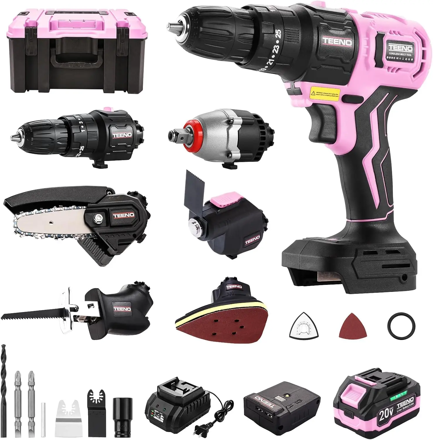 TEENO Brushless Power Tool Combo Kit, 6-in-1 Cordless Interchangeable Multi-Tool Set (Drill, Impact Wrench, Oscillating Tool, Reciprocating & Chain Saws, Sander), 3Ah Battery, USB Adapter & Hard Case