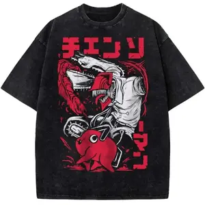 valentine shirts Japan Anime Manga Washed Vintage T-Shirts Men Women Washed Vintage Chainsaw Man Hayakawa Aki Streetwear Cotton Oversized Tees