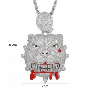 3D Iced Out Savage Pitbull Pendant Necklace, Bloody Fangs Dog Chain with Red Teardrop, White Gold Hip Hop Animal Jewelry, Men's Trap Rapper Drip Fashionable Rhinestone Decorated