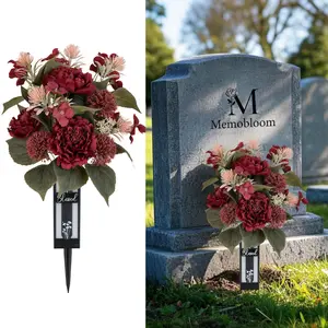 Flowers in Vase for Grave, 2 Pcs Decorative Burgundy Peony Grave Bouquets with Vase, Weatherproof Lifelike Headstone Cemetery Flowers for Memorial Day Outdoor Gravesite Decorations