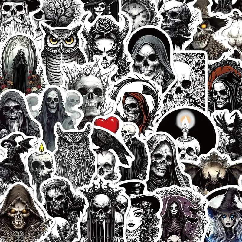Retro Horror Skull Pattern Sticker, 50pcs Scrapbooking & Journal Making Material Paper, DIY Decorative Sticker for Stationery Computer Water Bottle, Stickers Kit, Sticker Set, Scrapbook Accessory, Self Adhesive Stickers, Crafts, Sticker Packs