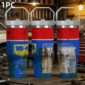 1pc 30oz Wd-40 Vintage Rustic Industrial Stainless Steel Insulated Cup with Straw & Handle, Ideal Gift for Auto Repair Enthusiasts, Drinkware, Water Bottles