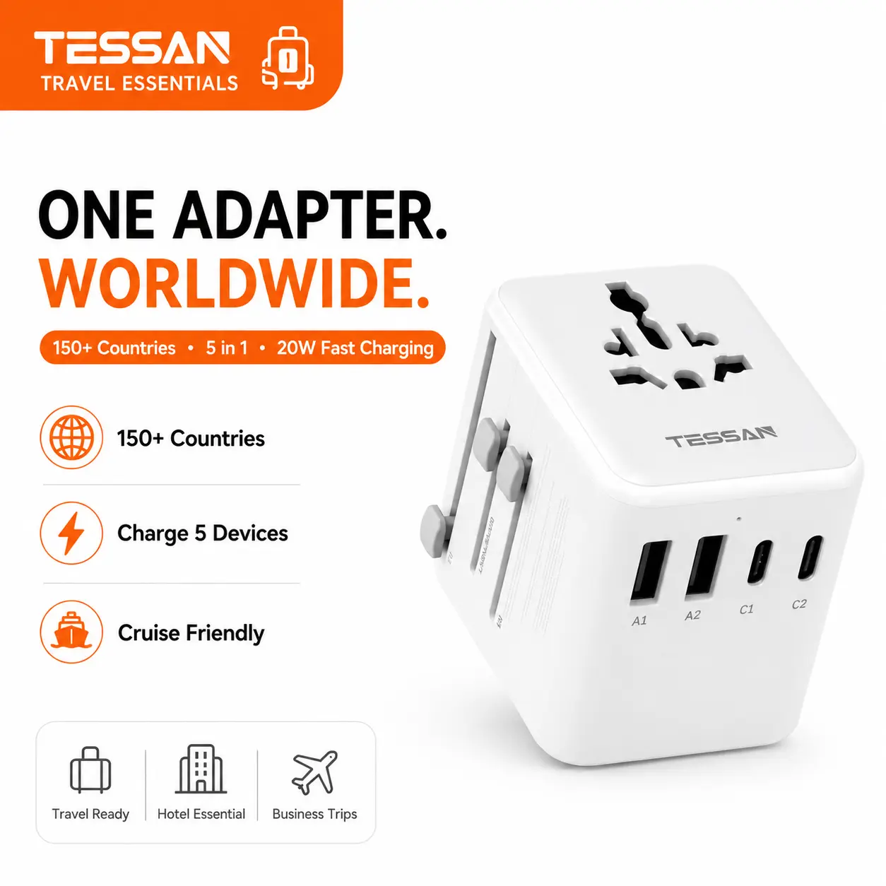 【TESSAN Universal Travel Adapter】with USB-C, 5-in-1 International Plug Adapter for Worldwide Travel, Europe UK USA Japan