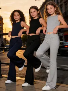 3-piece set of girls' knitted solid color elastic bell-bottom pants, stylish and simple, for daily casual wear, suitable for all seasons, can be machine washed and dry cleaned, Fashion Clothes Set