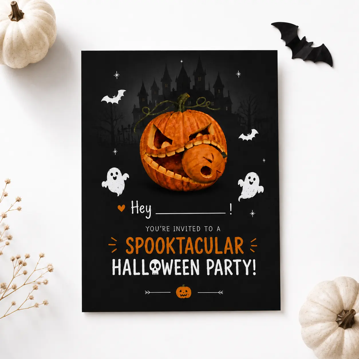 Haunted Halloween Party Invitation Card 5x7 Inch, Jack O Lantern, Ghost and Castle Design, Folded Invite with Kraft Envelope