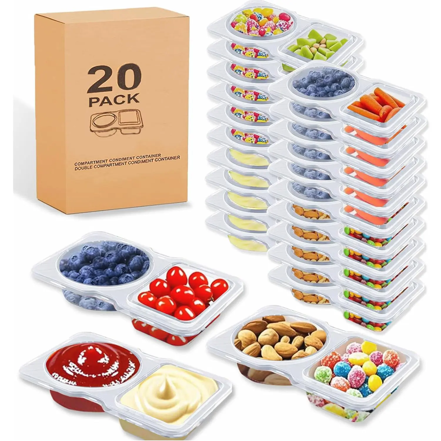 20Set Snack Containers Reusable with Lids Double Compartment Design Stackable Airtight Food-Grade Material Microwaveable for Portion Control Meal Prep School Office Travel Lightweight & Versatile - Disposable