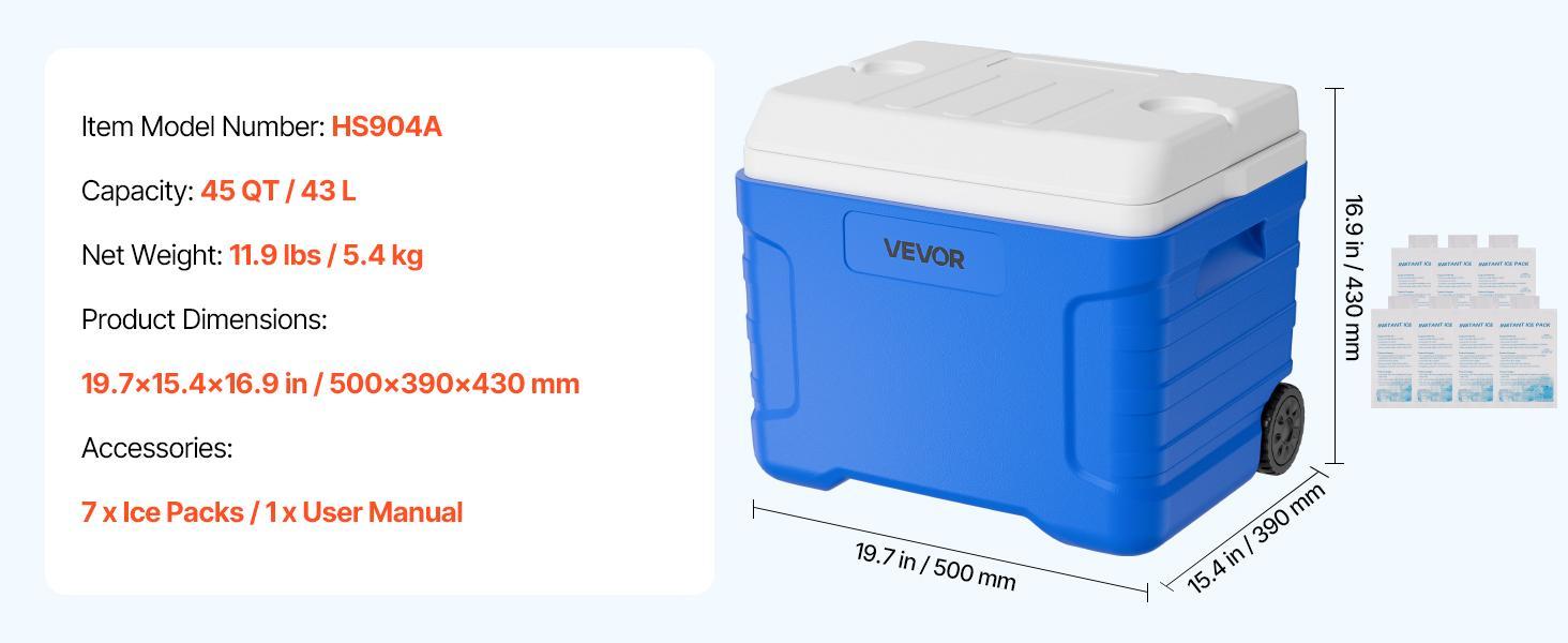 VEVOR 45QT Portable Rolling Hard Cooler with Wheels, Leak-Resistant Heat Insulating Coolbox, 48-Hour Ice Retention, Lightweight Durable Coolers & Cool Bags, Heavy Duty Protection for Campfire-BBQ Party, Food & Beverage#BackToSchool