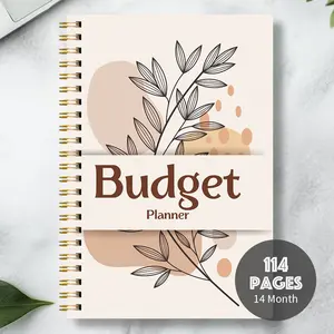 A5 Spiral Bound Budget Notebook, Tea Color Simple Leaf Illustration Cover, Financial Planning Journal, Finance Checklist Organizer, 12 Months Annual Monthly Budget Planner