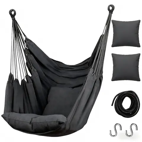 Modern Heavy-Duty Cotton Blend Wall-Mounted Hammock Chair Rope Swing for Adults - Home Decor, Porch-Ready Swing, Indoor/Outdoor, 2 Cushions, 300 Lbs Max Capacity, Stable Durable Fabric, S-Lock Fast Setup, Anti-Slip Grooves, Assembly Required