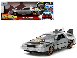 DeLorean Brushed Metal Time Machine (Train Wheel Version) w/Lights "Back to the Future Part III" 1/24 Diecast Model Car by Jada