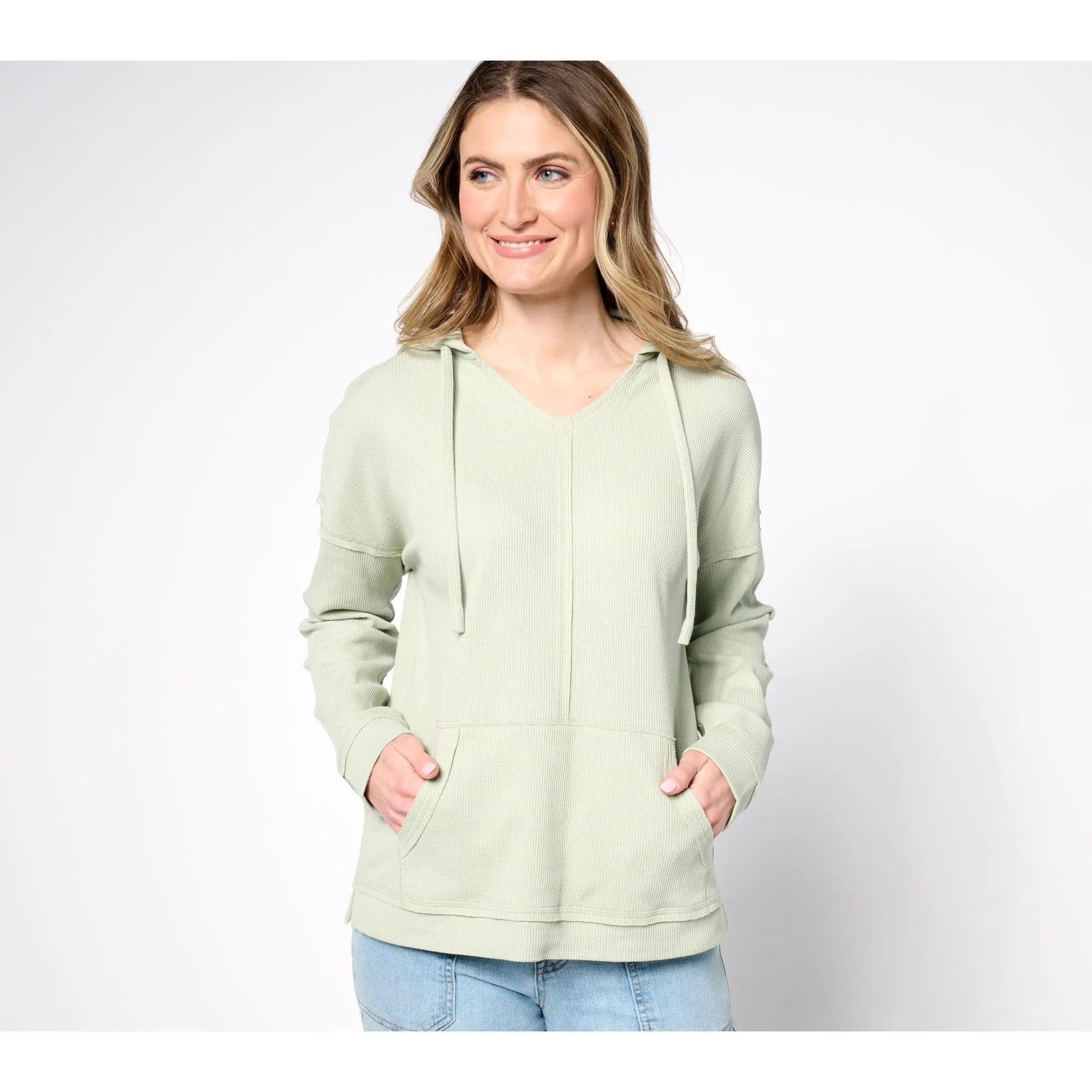 QVC Belle Body by Kim Gravel Women's Stretch Baby Waffle Raw Edge Hoodie