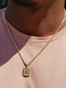 Men's Stainless Steel Square A-Z Initial Necklace, Alphabet Necklace, Minimalist Chain, Casual Letter Pattern Jewelry, Birthday Gift, Valentine's Day Present, All Seasons Wear