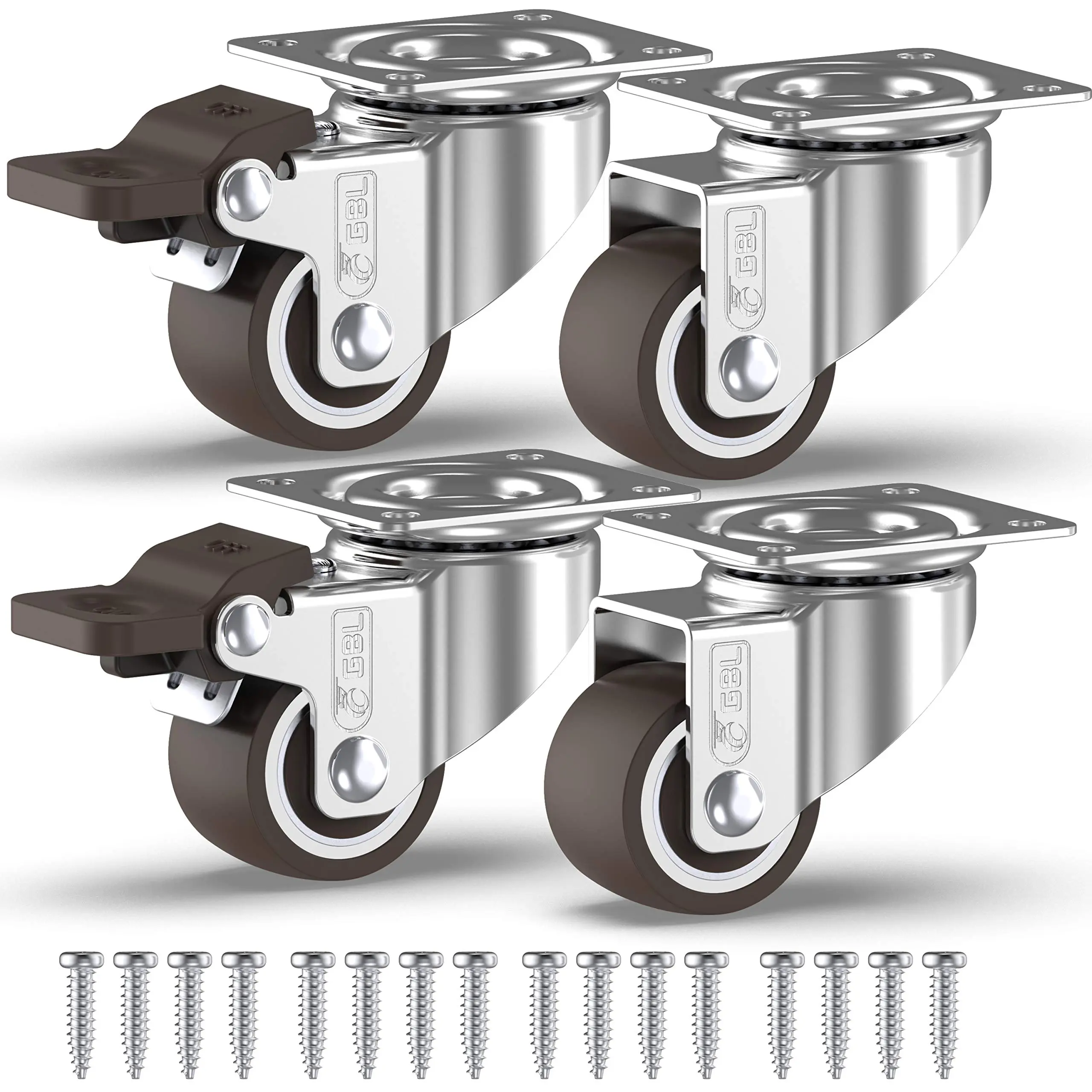 1" Small Caster Wheels With 2 Brakes + Screws - 90lbs Low Profile Castor Set Of 4 No Floor Marks Silent Casters Mini For Cart And Furniture