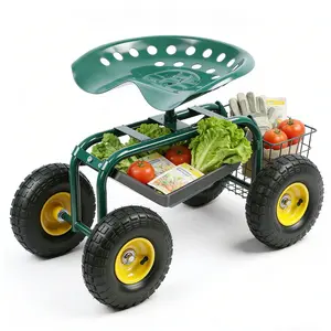 Garden Seat with Wheels, Rolling Garden Cart with Adjustable 360° Swivel Seat, Tool Tray, Basket for Lawn, Yard, Patio, Heavy Duty Gardening Stool, Outdoor Wagon Scooter for Seniors
