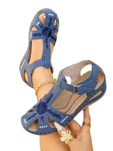 Women's Vintage Embroidered Wedge Heel Sandals, Adjustable Buckle and Velcro Closure, Multiple Colors Available, Beach Shoes, Summer