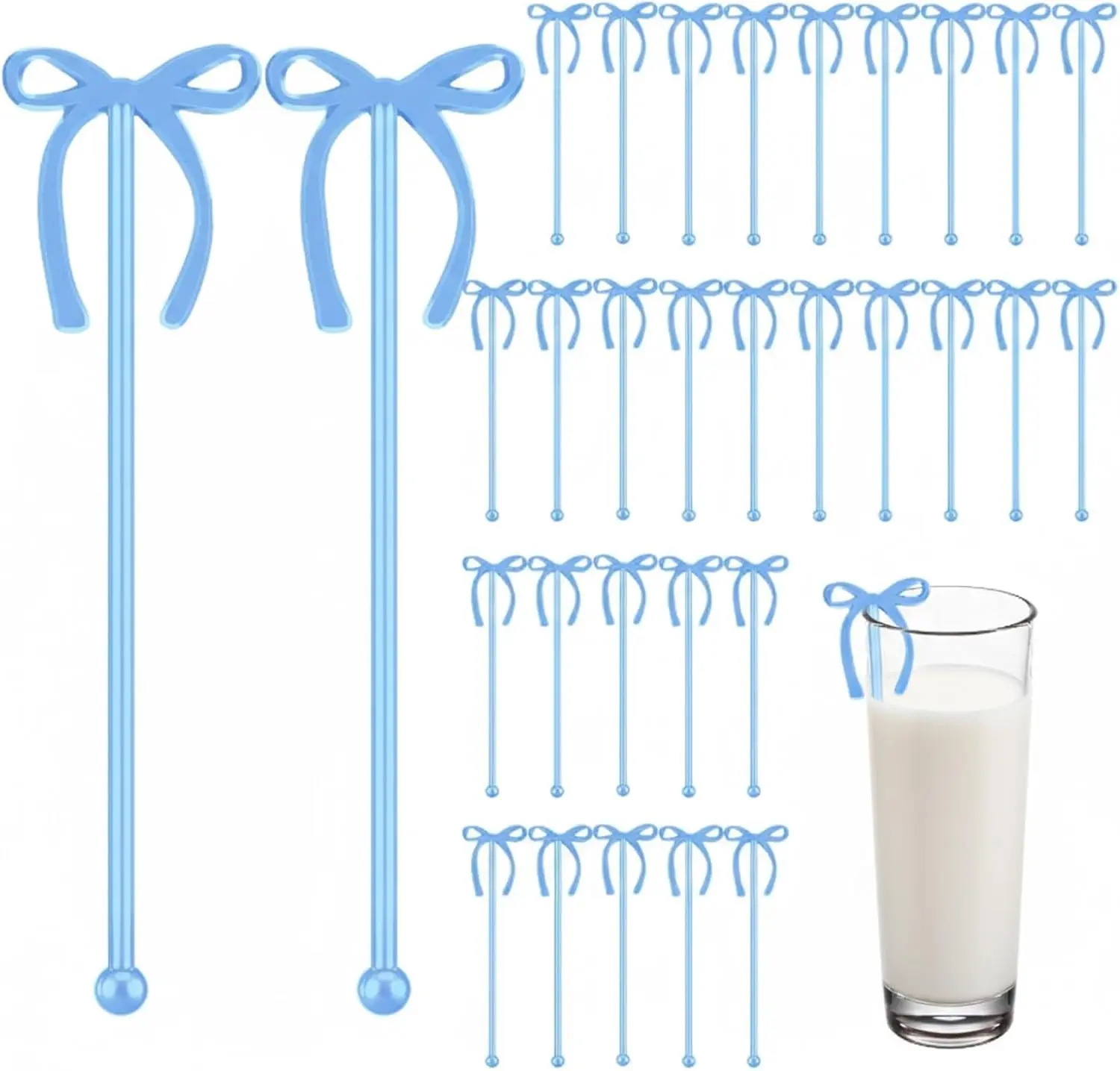 30 Pcs 6 Inch Reusable Plastic Bow Drink Stirrers Coffee Swizzle Sticks for Wedding Birthday Bridal Cocktail Graduation Party Decorations Supplies Blue
