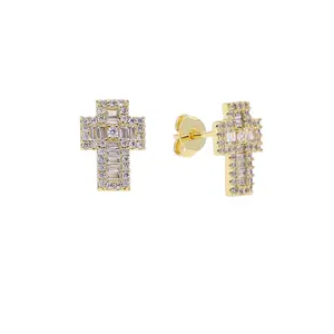 Hip-hop new three-dimensional cross full diamond stud earrings personalized trend men's stud earrings christmas surprise hip-hop style fashion item beautiful