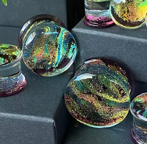 PAIR of Unique Purple Dichroic Glass Double Flare Plugs - Gauges 2g (6mm) through 3/4" (19mm)