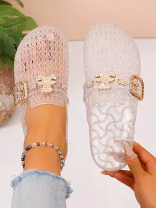Glitter Jelly Holey Sandals, Metal Buckle Cute Bear Decoration, Breathable Open Toe, Soft Thick Sole Anti-Slip, Home & Outdoor Use, Summer Commute, Beach Wear