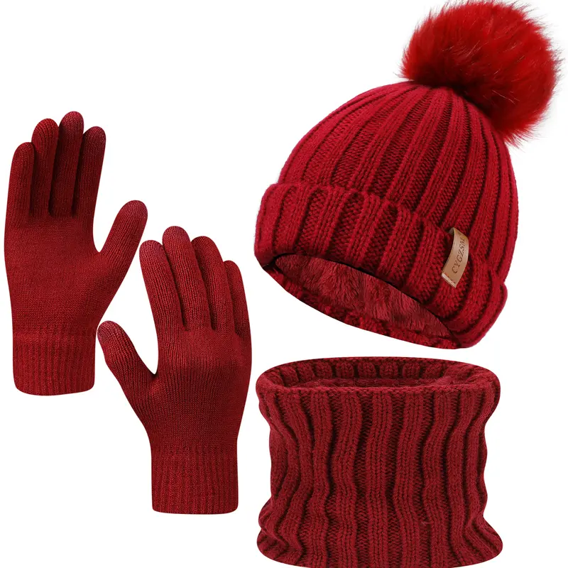 Unisex Knitted 3-Piece Winter Warm Fleece Accessories Set - Beanie Hat, Scarf, Touch Screen Gloves, Double-Layered Brim, High Elasticity, Ideal for Daily Use, Driving, Hiking, Women's Gifts, Accessories for Women