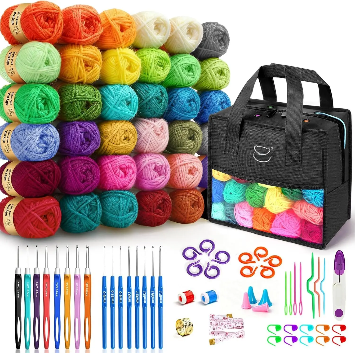 90 count Portable Crochet Kit with 36 Colors of Crochet Yarn, 36 Crochet Hook Accessories, 16 Crochet Hooks, A  Knitting Bag and a Storage Bag. Suitable for Beginners and Professionals