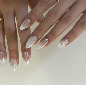 Pearl French Tip Press On Nails, 3D White Gel Nails