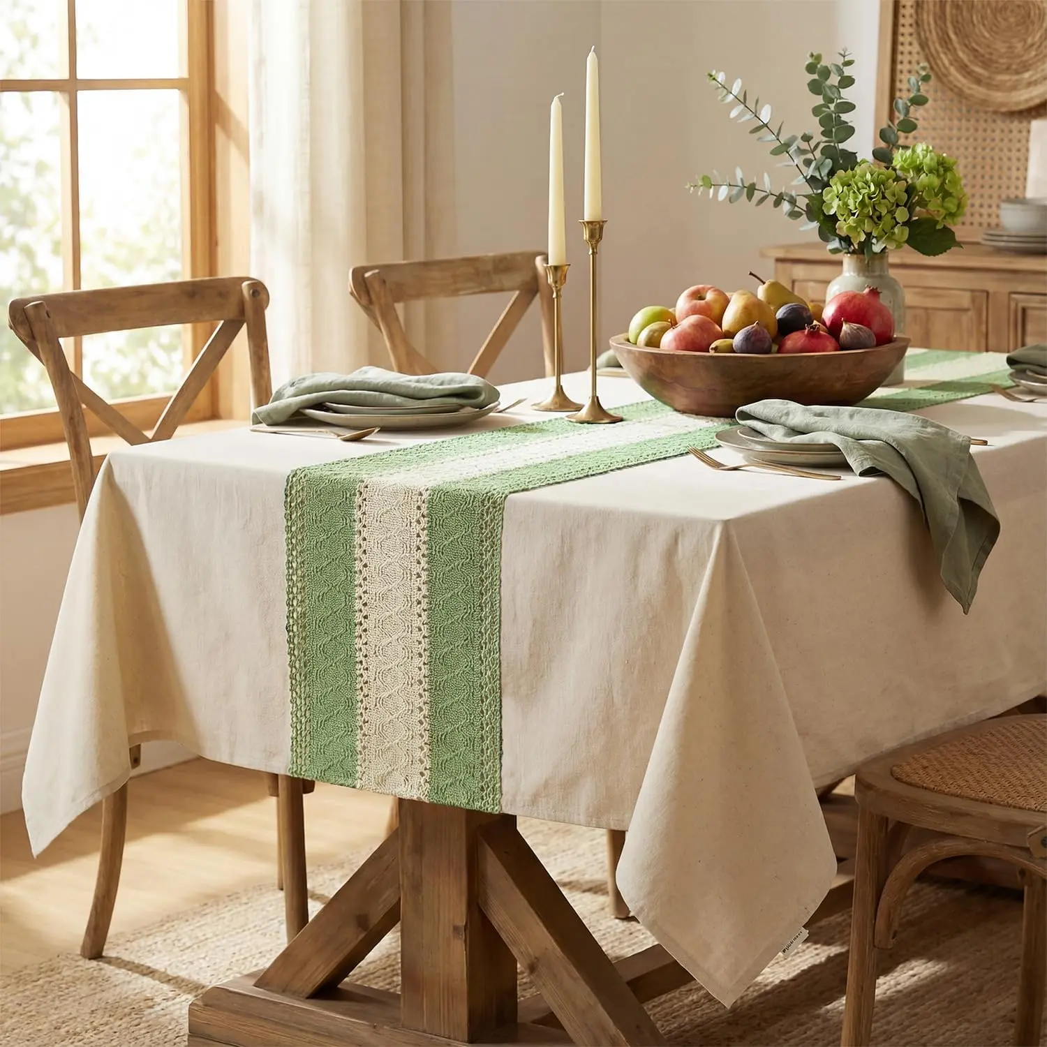 Light Green Table Cloth 60×84 Inch Rectangular, Farmhouse Rustic Heavy Weight Tablecloth, Wrinkle Free Farmhouse Style Table Cover for Home Party Decor