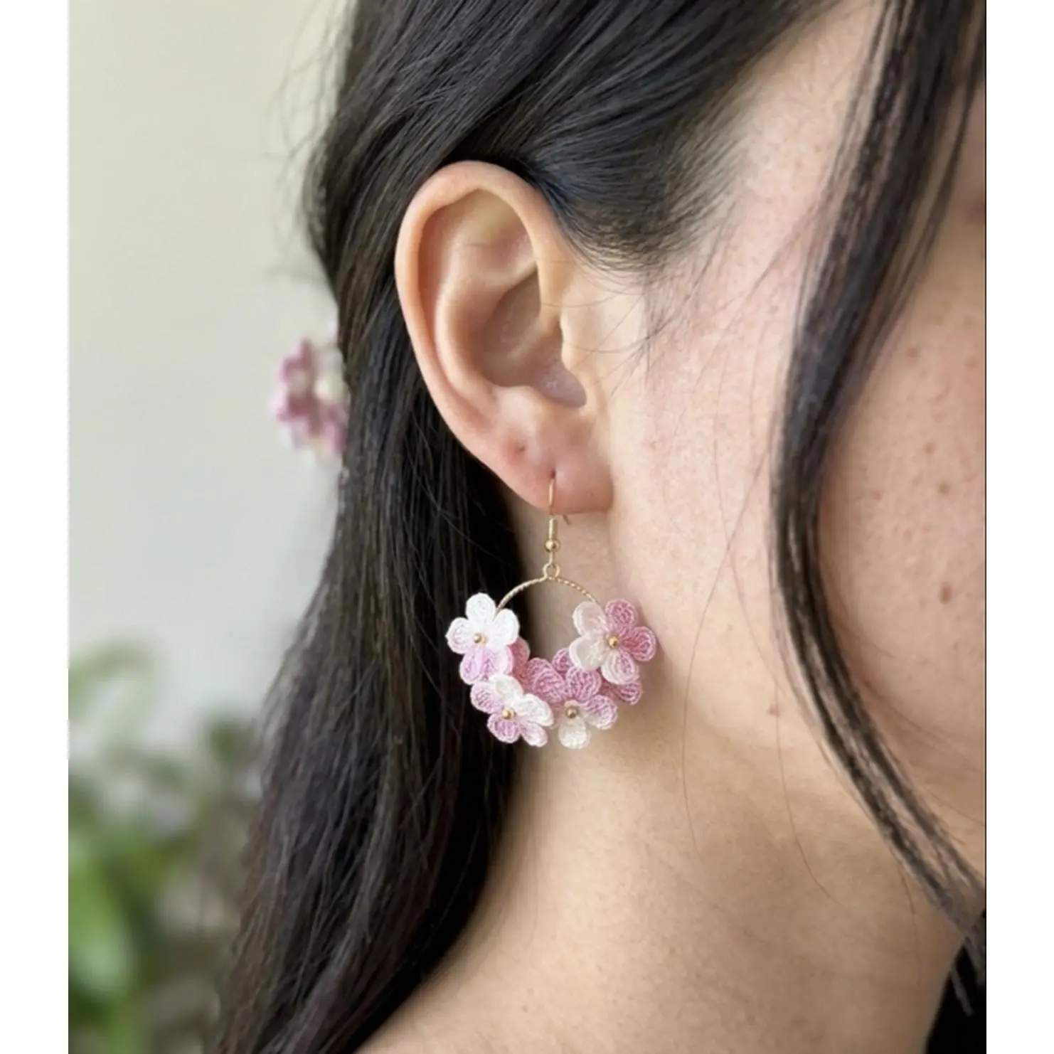 Pink Flower Earrings Micro Crochet - Delicate Floral Design for Everyday Wear