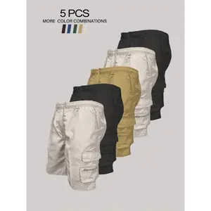Quality 5pcs Men's Lightweight Cargo Shorts - Loose Fit with Drawstring Waist, Multi-Pocket Utility Design in Black, White, Beige, Olive Green, & Golden - Durable Polyester for Hiking, Outdoor Activities & Casual Wear, Hiking Shorts Menswear Fabric