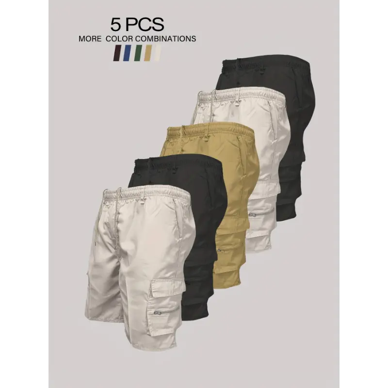 Men's Plain Lightweight Cargo Shorts (5pcs) - Durable Polyester Fabric, Loose Fit, Drawstring Waist, Multi-Pocket Utility Design - Activewear for Hiking, Casual Wear - Athletic Sports Clothes in Black, White, Beige, Olive Green, Golden, Men’s Clothes